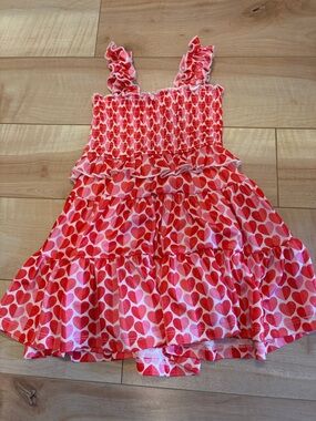 Smocked Heart Print Ruffle Sundress - Pink & Red
